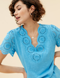 Pure Cotton Broderie V-Neck T-Shirt