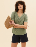 Pure Cotton V-Neck Lace Insert T-Shirt