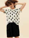Linen Blend Geometric Short Sleeve T-Shirt