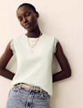 Cotton Rich Lace Trim Tank Top With Linen