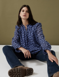 Floral Tie Neck Pintuck Ruffle Blouse