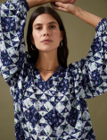 Geometric Tie Neck Puff Sleeve Blouse