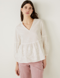 Linen Rich Embroidered V-Neck Blouse