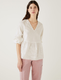 Linen Rich Embroidered V-Neck Blouse