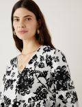 Linen Rich Floral V-Neck Blouse