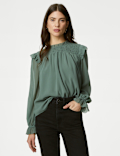 Shirred High Neck Frill Detail Blouse