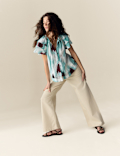 Cotton Rich Printed Tie Neck Frill Detail Top