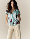 Cotton Rich Printed Tie Neck Frill Detail Top