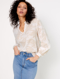 Linen Blend Printed Long Sleeve Blouse
