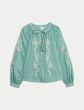 Pure Cotton Embroidered Tie Neck Oversized Blouse