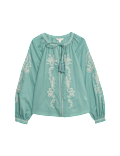 Pure Cotton Embroidered Tie Neck Oversized Blouse
