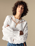 Pure Cotton Embroidered Crew Neck Blouse