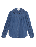 Denim Collared Blouson Sleeve Blouse