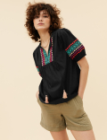 Pure Cotton Embroidered Short Sleeve Blouse