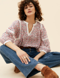 Floral Notch Neck 3/4 Sleeve Popover Blouse