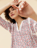 Floral Notch Neck 3/4 Sleeve Popover Blouse