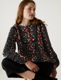 Floral Lace Insert Puff Sleeve Blouse