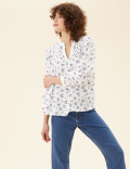 Floral V-Neck 3/4 Sleeve Popover Blouse