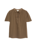 Pure Cotton Textured Tie Neck Blouse