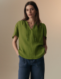 Pure Cotton Textured Tie Neck Blouse