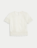 Linen Rich Embroidered Lace Detail Blouse