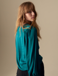 Satin Collarless Button Through Blouse