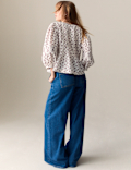 Pure Cotton Printed V-Neck Pintuck Blouse