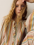 Pure Cotton Striped Blouson Sleeve Blouse