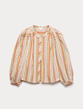 Pure Cotton Striped Blouson Sleeve Blouse