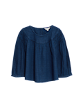 Pure Cotton Round Neck Gathered Popover Blouse