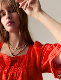 Cotton Rich Square Neck Lace Detail Puff Sleeve Blouse