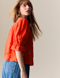 Cotton Rich Square Neck Lace Detail Puff Sleeve Blouse