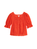 Cotton Rich Square Neck Lace Detail Puff Sleeve Blouse