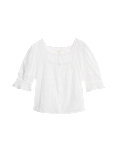 Cotton Rich Square Neck Lace Detail Puff Sleeve Blouse