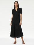 Pure Cotton Tie Neck Midi Tiered Dress