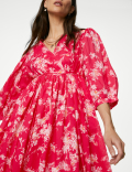 Pure Cotton Printed V-Neck Midi Smock Dress