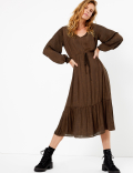 Satin Jacquard Shirred Detail Dress