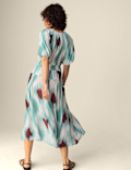 Printed Notch Neck Puff Sleeve Midaxi Waisted Dress