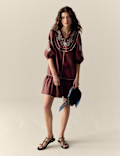 Pure Cotton Embroidered Tie Neck Puff Sleeve Mini Tiered Dress