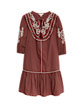 Pure Cotton Embroidered Tie Neck Puff Sleeve Mini Tiered Dress