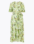 Fern Print V-Neck Midi Wrap Dress