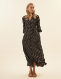 Leaf Print Collared Midaxi Shirt Dress