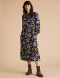Floral High Neck Pintuck Midaxi Smock Dress