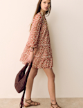 Printed Ladder Lace Insert Mini Smock Dress