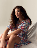 Floral V-Neck Gathered Midi Wrap Dress