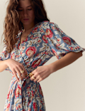 Floral V-Neck Gathered Midi Wrap Dress