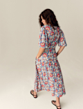 Floral V-Neck Gathered Midi Wrap Dress
