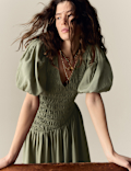 Textured V-Neck Puff Sleeve Midaxi Shirred Dress
