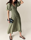 Textured V-Neck Puff Sleeve Midaxi Shirred Dress