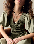 Textured V-Neck Puff Sleeve Midaxi Shirred Dress